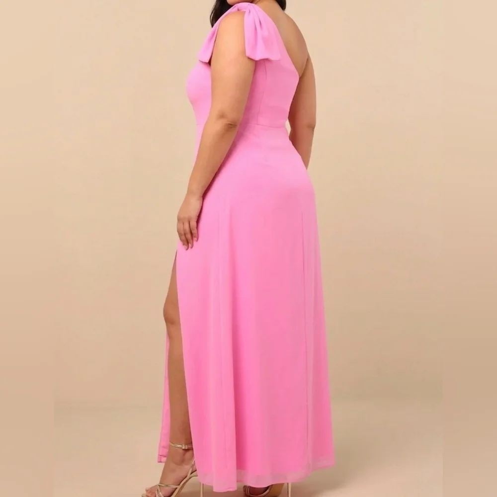 Lulus 3X Simply Brilliant Pink One-Shoulder Bow Maxi Dress, Size 3X